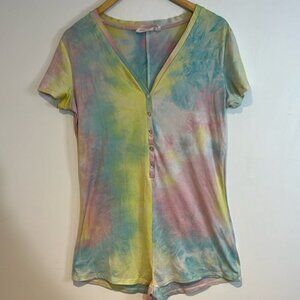Weekend edition one-piece tie-dye shorts romper with “snooze” size medium